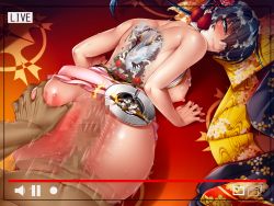 Rule 34 | 1girl, afterimage, anus, ashtray, ass grab, blush, breasts, censored, cigarette butt, clothed female nude male, clothes lift, cum, cum on hair, doggystyle, fake screenshot, hair ornament, censored, hetero, igawa asagi, irezumi, japanese clothes, kagami hirotaka, large breasts, lilith-soft, livestream, looking at viewer, looking back, mosaic censoring, nude, pause symbol, pov, pussy juice, record symbol, recording, sex, sex from behind, skirt, skirt lift, sweat, taimanin (series), taimanin asagi, taimanin asagi zero, taimanin rpgx, tattoo, trembling, volume symbol, x-ray