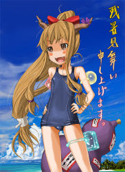 Rule 34 | 1girl, beach, blush stickers, brown eyes, brown hair, fangs, female focus, gourd, gradient background, hands on own hips, horns, ibuki suika, long hair, marubonman, nature, no nose, ocean, one-piece swimsuit, outdoors, plant, school swimsuit, sky, solo, swimsuit, touhou