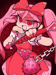 Rule 34 | 1girl, bow, chain, dokan (dkn), dress, heart, holding, holding weapon, long hair, mace, ojou-sama pose, omori, open mouth, pink eyes, pink hair, polka dot, polka dot bow, red background, red bow, red dress, solo, spiked mace, spikes, sweetheart (omori), twintails, weapon, wrist cuffs