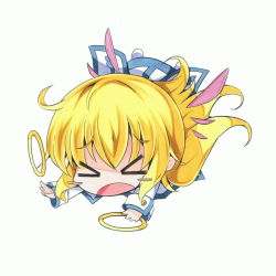 Rule 34 | &gt; &lt;, 00s, blonde hair, blush stickers, chakram, chibi, colette brunel, closed eyes, milkpanda, solo, tales of (series), tales of symphonia, tripping, weapon, white background, wings