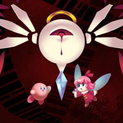 Rule 34 | 1girl, :o, blood, bloody tears, blue eyes, buttons, crystal shard, fairy, fairy wings, halo, highres, kirby, kirby (series), kirby 64, missandydandy, nintendo, pink hair, red ribbon, ribbon, ribbon (kirby), wings, zero two (kirby)