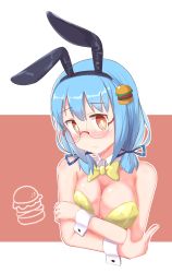 Rule 34 | 1girl, absurdres, animal ears, bare shoulders, blue hair, blush, bow, bowtie, breasts, burger, burger hair ornament, check commentary, cleavage, commentary, commentary request, crossed arms, detached collar, embarrassed, food, food-themed hair ornament, glasses, hair ornament, hamburger-chan (hundredburger), highres, large breasts, leotard, looking at viewer, orange eyes, original, playboy bunny, rabbit ears, short hair, short twintails, simple background, sweat, twintails, upper body, wrist cuffs, yellow bow, yellow bowtie, yuukin