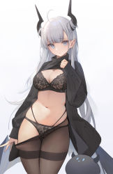 Rule 34 | 1girl, ahoge, black bra, black jacket, black panties, black shirt, blue eyes, bra, breasts, brown pantyhose, cleavage, closed mouth, clothes lift, clothes pull, cowboy shot, hand up, highleg, highleg panties, highres, horns, jacket, large breasts, lifting own clothes, lingerie, long hair, long sleeves, looking at viewer, multi-strapped panties, navel, nekojira, open clothes, open jacket, original, panties, pantyhose, pantyhose pull, pointy ears, shirt, shirt lift, simple background, solo, standing, stomach, thea (nekojira), thighband pantyhose, turtleneck, underwear, very long hair, white background, white hair
