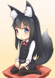 Rule 34 | 1girl, animal ear fluff, animal ears, asashio (kancolle), belt, black hair, black thighhighs, blue eyes, blush, buttons, commentary request, dress, fox ears, fox tail, hair between eyes, kantai collection, kemonomimi mode, long hair, long sleeves, looking at viewer, mofu namako, neck ribbon, open mouth, pillow, pinafore dress, red ribbon, ribbon, school uniform, shirt, simple background, sitting, skirt, sleeveless dress, solo, suspenders, tail, thighhighs, wariza, white shirt