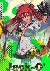 Rule 34 | 1girl, ankh necklace, bell-bottoms, belt, black gloves, bodysuit, breasts, broken halo, character name, cleavage, spiked halo, front slit, gloves, gluteal fold, green eyes, guilty gear, guilty gear strive, halo, highres, jack-o&#039; valentine, kaijin-m, large breasts, long hair, long sleeves, pants, red gloves, red hair, skull belt, solo, studded belt, tongue, tongue out, too many, too many belts, two-tone gloves, white bodysuit
