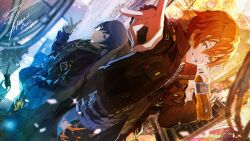 Rule 34 | 2boys, alley, black cat, black jacket, black shirt, blue eyes, blue hair, blue nails, btmr game, cat, chain necklace, dutch angle, earrings, green eyes, grin, highres, jacket, jewelry, kaito (vocaloid), long sleeves, looking at viewer, male focus, multiple boys, necklace, orange hair, project sekai, second-party source, shinonome akito, shirt, single earring, smile, v, vivid bad squad (project sekai), vivid bad squad kaito, vocaloid, wall