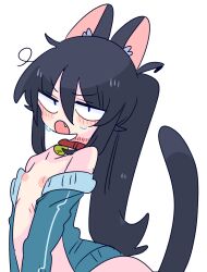 Rule 34 | 1boy, animal ears, bare shoulders, bell, black hair, blue eyes, blush, collar, commentary, dog boy, dog ears, dog tail, furrowed brow, highres, long hair, loose hair strand, male focus, neck bell, nipples, off shoulder, op na yarou, open mouth, original, ponytail, solo, sweat, tail, trap, white background, zense-kun (op na yarou)