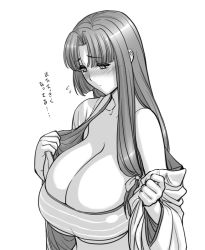 Rule 34 | 10s, 1girl, bare shoulders, blush, breasts, cleavage, collarbone, dress, female focus, huge breasts, implied growth, kantai collection, long hair, magaki ryouta, monochrome, shouhou (kancolle), simple background, solo, standing, strapless, translated, tube top, upper body, white background