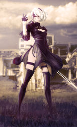 Rule 34 | 1girl, absurdres, back cutout, bebipawdah, black blindfold, black dress, black hairband, black thighhighs, blindfold, boots, breasts, brown sky, building, cleavage cutout, clothing cutout, cloud, cloudy sky, covered eyes, dress, facing viewer, feather-trimmed sleeves, full body, gloves, grass, hairband, high heel boots, high heels, highres, holding, holding sword, holding weapon, juliet sleeves, katana, leather, leather boots, long sleeves, looking to the side, medium breasts, mole, mole under mouth, monochrome, nier (series), nier:automata, outdoors, parted lips, puffy sleeves, short hair, sky, solo, standing, sword, thighhighs, virtuous contract, weapon, white hair, 2b (nier:automata)