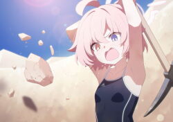Rule 34 | 1girl, abydos high school swimsuit, ahoge, armpits, arms up, bare arms, bare shoulders, black one-piece swimsuit, blue archive, blue eyes, breasts, desert, digging, fang, flying, frown, game cg, hair between eyes, halo, heterochromia, highres, holding, holding pickaxe, hoshino (blue archive), hoshino (young) (blue archive), lens flare, new school swimsuit, non-web source, official art, one-piece swimsuit, open mouth, outdoors, pickaxe, pink hair, pink halo, sand, school swimsuit, short hair, small breasts, solo, sweat, swimsuit, yellow eyes