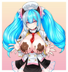 Rule 34 | 1girl, :3, arms up, aurora (last origin), between breasts, blue hair, bracelet, breasts, breasts out, buttons, chef, chef hat, chocolate, chocolate on body, chocolate on breasts, dress, drill hair, food on body, gradient background, hair between eyes, hat, headgear, huge breasts, jewelry, large breasts, last origin, long hair, looking at viewer, multicolored hair, necktie, nipples, pink background, pink eyes, pink hair, poorgom, presenting, red necktie, skirt, smile, solo, star-shaped pupils, star (symbol), streaked hair, symbol-shaped pupils, topless, wide hips