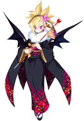Rule 34 | arrow (projectile), asymmetrical bangs, blonde hair, blush, bright pupils, demon girl, demon wings, disgaea, disgaea rpg, flower, full body, fur scarf, hair flower, hair ornament, hamaya, holding, japanese clothes, kimono, long sleeves, looking at viewer, official art, pink eyes, pointy ears, rozalin, sandals, simple background, slit pupils, smile, solo, tabi, white background, wings