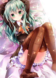 Rule 34 | 10s, 1girl, aqua hair, arms up, ascot, blush, brown thighhighs, closed mouth, collared shirt, flower, frills, green eyes, hair ornament, hairclip, kantai collection, legs up, long hair, looking at viewer, lying, no shoes, nogi takayoshi, on back, pleated skirt, school uniform, shirt, skirt, smile, solo, striped clothes, striped thighhighs, suzuya (kancolle), thighhighs, white shirt