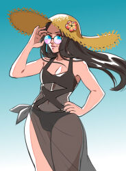Rule 34 | 1other, bare shoulders, black hair, black nails, eyeshadow, flower, glasses, guilty gear, guilty gear strive, hand on own hip, hat, hat flower, highres, kitsune23star, makeup, round eyewear, see-through, smile, solo, straight hair, sun hat, testament (guilty gear)