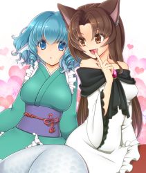 Rule 34 | 2girls, animal ears, bare shoulders, blue eyes, blue hair, blush, brooch, brown eyes, brown hair, dress, fang, finger to mouth, fins, hayabusa koi, head fins, imaizumi kagerou, japanese clothes, jewelry, kimono, long hair, long sleeves, matching hair/eyes, mermaid, monster girl, multiple girls, obi, open mouth, sash, short hair, smile, touhou, wakasagihime, wide sleeves, wolf ears