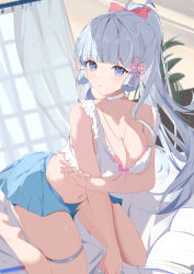 Rule 34 | 1girl, absurdres, ayaka (genshin impact), barefoot, bipup-hola, blue eyes, blue hair, blue skirt, bow, breasts, choker, cleavage, collarbone, curtains, genshin impact, hair bow, highres, indoors, kneeling, large breasts, light blue hair, long hair, looking at viewer, navel, parted lips, pink bow, ponytail, skirt, solo, white choker