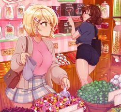 Rule 34 | 2girls, artist name, bag, beige jacket, black shirt, black shorts, blonde hair, borrowed character, brown eyes, brown hair, candy, candy hair ornament, commentary, earrings, english commentary, english text, food, food-themed hair ornament, hair bun, hair ornament, hairclip, highres, indoors, jar, jewelry, kinder surprise, lollipop, long sleeves, looking at another, merunyaa, multiple girls, original, pink shirt, plaid, plaid skirt, pointing, sammy (bestsammy), shirt, short hair, shorts, shoulder bag, signature, single hair bun, skirt, sweets, swirl lollipop, tied shirt, watermark, yellow eyes