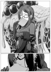 Rule 34 | 1girl, black-framed eyewear, blush, book, braid, breasts, center opening, covered navel, covering own mouth, dress, earrings, fate/grand order, fate (series), glasses, gloves, greyscale, hair over one eye, highres, jewelry, long braid, long hair, looking at viewer, monochrome, sidelocks, single braid, striped, sweatdrop, syatey, vertical stripes, xiang yu (fate), yu mei-ren (fate), yu mei-ren (first ascension) (fate)