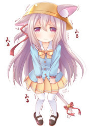 Rule 34 | 1girl, animal ear fluff, animal ears, azur lane, black footwear, blue shirt, blush, bow, brown hair, cat ears, cat girl, cat tail, closed mouth, commentary request, ears through headwear, full body, hair between eyes, hair ribbon, hat, kindergarten uniform, kisaragi (azur lane), long hair, looking at viewer, mirun (funimani), one side up, pigeon-toed, pleated skirt, red eyes, red ribbon, ribbon, sailor collar, school hat, shirt, shoes, skirt, solo, standing, tail, tears, thighhighs, trembling, unaligned ears, very long hair, wavy mouth, white sailor collar, white thighhighs, yellow bow, yellow hat, yellow skirt