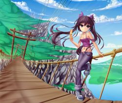 Rule 34 | 1girl, alternate costume, bare shoulders, black hair, bridge, cellphone, cloud, collar, contemporary, cross, cross necklace, day, denim, female pubic hair, hair ribbon, hanging bridge, hater (hatater), himekaidou hatate, jeans, jewelry, landscape, long hair, midriff, nature, navel, necklace, no panties, non-web source, open fly, pants, phone, pointy ears, power lines, pubic hair, purple eyes, ribbon, river, sky, smile, solo, strap gap, torii, touhou, twintails, unzipped