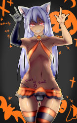 Rule 34 | 1boy, animal ears, armpits, bare shoulders, blue hair, body writing, bulge, crossdressing, elbow gloves, english text, erection, erection under clothes, gloves, grin, halloween, highleg, highleg panties, long hair, looking at viewer, male focus, miniskirt, navel, nikuku (kazedesune), original, panties, red eyes, skirt, smile, solo, striped clothes, striped thighhighs, thighhighs, trap, underwear, wide hips