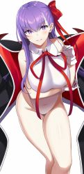Rule 34 | 1girl, bare shoulders, bat wings, bb (fate), bb (fate) (all), bb (swimsuit mooncancer) (fate), bb (swimsuit mooncancer) (third ascension) (fate), black coat, blush, breasts, coat, covered navel, fate/grand order, fate (series), gloves, hair ribbon, highleg, highleg leotard, highres, large breasts, leotard, long hair, looking at viewer, neck ribbon, parted lips, purple eyes, purple hair, red ribbon, ribbon, simple background, smile, solo, sukebewe, vampire costume, very long hair, white background, white gloves, white leotard, wing collar, wings