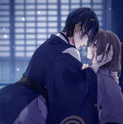 Rule 34 | 1boy, 1girl, black hair, blue eyes, blurry, blurry background, blush, brown hair, commentary request, crying, crying with eyes open, depth of field, eye contact, female saniwa (touken ranbu), grey eyes, hair between eyes, hand on another&#039;s face, japanese clothes, kimono, long sleeves, looking at another, mikazuki munechika, mochizuki shiina, parted lips, profile, saniwa (touken ranbu), tears, touken ranbu, white kimono, wide sleeves