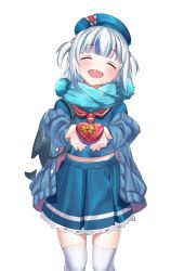 Rule 34 | 1girl, :d, ^ ^, absurdres, animal bag, backpack, bad id, bad pixiv id, bag, beret, blue hair, blue hat, blue jacket, blue sailor collar, blue scarf, blue serafuku, blue shirt, blue skirt, blush, box, closed eyes, facing viewer, gawr gura, gift, gift box, hair ornament, hat, head tilt, heart-shaped box, highres, holding, holding gift, hololive, hololive english, jacket, long sleeves, multicolored hair, off shoulder, open clothes, open jacket, open mouth, pleated skirt, red neckwear, sailor collar, sasatabekung, scarf, school uniform, serafuku, sharp teeth, shirt, simple background, skirt, smile, solo, streaked hair, teeth, thighhighs, transparent background, two side up, virtual youtuber, white background, white thighhighs