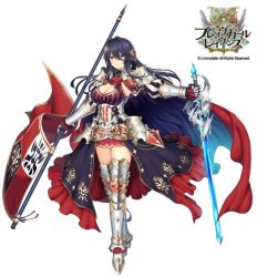 Rule 34 | 1girl, armor, armored skirt, belt, black hair, boots, braid, brave girl ravens, breasts, cleavage, copyright name, crystal sword, flag, full body, gauntlets, grey footwear, holding, holding flag, holding sword, holding weapon, horosuke, long hair, looking at viewer, official art, purple eyes, simple background, solo, standing, sword, very long hair, weapon, white background