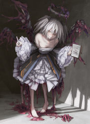 Rule 34 | + +, 1girl, barcode, bare shoulders, barefoot, black bow, blush, bone, bow, closed mouth, clothes writing, cropped, cross, cross necklace, dark halo, earrings, eldritch abomination, english text, extra eyes, eyes visible through hair, fingernails, frills, grey hair, hair between eyes, halo, highres, holding, holding stylus, holding tablet pc, jewelry, long hair, looking at viewer, mechanical halo, multiple wings, nail polish, necklace, open mouth, original, osobachan, pink nails, sleeves past wrists, smile, solo, stylus, symbol-shaped pupils, tablet pc, teeth, toenails, twintails, wings