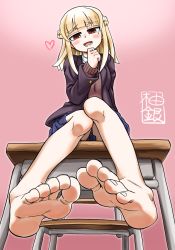 Rule 34 | 1girl, :d, bare legs, barefoot, blonde hair, blunt bangs, blush, braid, chair, desk, feet, foot dangle, foot focus, french braid, from below, hand up, head tilt, heart, highres, jacket, legs together, long hair, looking at viewer, mole, mole under eye, on desk, open clothes, open jacket, open mouth, orange eyes, original, pink background, pleated skirt, ringed eyes, school desk, signature, sitting, skirt, smile, soles, solo, sweater, toes, yuzu gin (pika97)