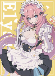 Rule 34 | 1girl, absurdres, apron, black choker, black dress, blue eyes, breasts, cake, cake slice, character name, choker, cleavage, clothing cutout, dress, elbow gloves, elf, elysia (honkai impact), elysia (miss pink elf) (honkai impact), fake horns, flower, flower ornament, food, food in mouth, gloves, highres, holding, holding cake, holding food, holding pocky, honkai (series), honkai impact 3rd, horns, large breasts, long hair, looking at viewer, maid, maid apron, maid headdress, natsugou shinogi, pink hair, pink pupils, pocky, pocky in mouth, pointy ears, side cutout, solo, thighs, very long hair, white apron, white flower, white gloves, yellow background