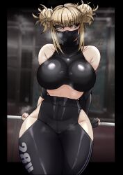 Rule 34 | 1girl, bare shoulders, black gloves, black pants, blonde hair, blunt bangs, boku no hero academia, breasts, covered collarbone, covered erect nipples, crop top, curvy, deadcloud, double bun, fingerless gloves, gloves, hair bun, highres, hip vent, huge breasts, large breasts, looking at viewer, mask, pants, seductive gaze, skin tight, thick thighs, thighs, tight clothes, tight pants, toga himiko, wide hips, yellow eyes