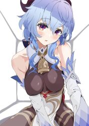 Rule 34 | 1girl, arm between breasts, bare shoulders, bell, between breasts, blue hair, blush, bodystocking, breasts, breasts apart, covered erect nipples, detached collar, detached sleeves, dress, ganyu (genshin impact), genshin impact, highres, horns, long hair, looking at viewer, medium breasts, mezurashiiaji, neck bell, open mouth, pelvic curtain, purple eyes, sitting, solo, white dress