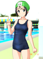 Rule 34 | 1girl, black hair, blue eyes, blue one-piece swimsuit, blurry, breasts, collarbone, commentary request, cowboy shot, dated, day, depth of field, fingernails, grin, highres, legs apart, long fingernails, looking at viewer, name tag, one-piece swimsuit, original, outdoors, pool, school swimsuit, short hair, small breasts, smile, solo, standing, string of flags, swim cap, swimsuit, takafumi, v, waving