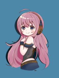 Rule 34 | 1girl, armband, bare shoulders, black shirt, blue background, blue eyes, blue skirt, chibi, commentary, cropped torso, from behind, gold trim, hand up, headphones, highres, long hair, looking at viewer, looking to the side, megurine luka, megurine luka (vocaloid4), pink hair, shirt, skirt, solo, upper body, v, v4x, very long hair, vocaloid, wrist cuffs, zuu100lev