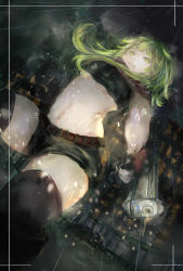 Rule 34 | 1girl, alternate costume, belt, black thighhighs, boots, border, breasts, building, city, cloud, cloudy sky, comb (suz), crop top, dark, from below, green eyes, green hair, gumi, gun, highres, holding, holding gun, holding weapon, long hair, matching hair/eyes, midriff, navel, night, overcast, rain, shorts, sidelocks, sky, solo, thighhighs, thighs, underboob, vocaloid, water drop, weapon, weapon request, zettai ryouiki