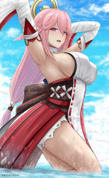 Rule 34 | 1girl, archstreal, armpits, arms behind head, arms up, bare shoulders, blouse, blue sky, blush, breasts, detached sleeves, genshin impact, hair ornament, highres, japanese clothes, jewelry, kimono, long hair, looking at viewer, miko, necklace, open mouth, pendant, pink hair, purple eyes, red skirt, shirt, sideboob, sidelocks, skirt, sky, sleeveless, sleeveless kimono, sleeveless shirt, smile, solo, very long hair, wading, water, white kimono, white shirt, wide sleeves, yae miko