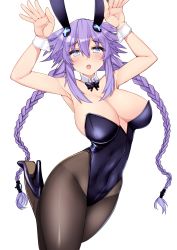 Rule 34 | 1girl, animal ears, bare shoulders, black leotard, black pantyhose, blue eyes, blush, braid, breasts, cleavage, covered navel, cuffs, detached collar, dura, fake animal ears, hair between eyes, hair ornament, handcuffs, high heels, highres, large breasts, leotard, long hair, looking at viewer, neptune (neptunia), neptune (series), open mouth, pantyhose, playboy bunny, power symbol, power symbol-shaped pupils, purple hair, purple heart (neptunia), rabbit ears, simple background, skin tight, solo, standing, standing on one leg, symbol-shaped pupils, twin braids, twintails, very long hair, white background
