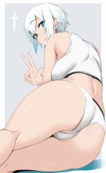 Rule 34 | 1girl, ass, back, blue eyes, blue hair, blush, closed mouth, cross, doko tetora, gradient hair, grey background, looking at viewer, looking back, multicolored hair, original, partially visible vulva, short hair, solo, two-tone background, w, white background, white hair