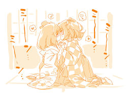 2girls akyuu_no_hieda apron bell blush checkered_clothes checkered_kimono closed_eyes hair_bell hair_ornament heart hieda_no_akyuu holding_hands interlocked_fingers japanese_clothes kimono kiss long_sleeves mitsumoto_jouji monochrome motoori_kosuzu multiple_girls short_hair spoken_heart touhou yuri