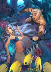 Rule 34 | 1boy, 1girl, angelfish, blonde hair, blue eyes, blue hair, breasts, brown eyes, bubble, capcom, cleavage, coral, dagger, dual wielding, fish, floating hair, holding, jewelry, knife, lagiacrus, large breasts, light rays, long hair, mermaid, monster girl, monster hunter, monster hunter (series), monster hunter 3, navel, necklace, ocean, personification, scales, short hair, squinting, sunbeam, sunlight, swimming, tropical fish, underwater, water, weapon, wince, yukiusagi1983