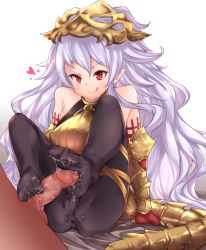 Rule 34 | 10s, 1girl, arm support, blush, breasts, censored, elbow gloves, feet, femdom, footjob, gloves, granblue fantasy, hetero, highres, licking lips, light purple hair, long hair, medusa (shingeki no bahamut), naughty face, nikke (cherish), no shoes, pantyhose, penis, pointy ears, red eyes, shingeki no bahamut, smile, soles, solo focus, tail, toes, tongue, tongue out, very long hair