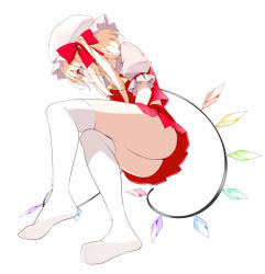 Rule 34 | 1girl, ascot, ass, blonde hair, bow, crossed legs, feet, female focus, flandre scarlet, from below, hair bow, hat, no panties, no shoes, oouso, red eyes, short hair, side ponytail, simple background, sitting, skirt, skirt set, solo, thighhighs, touhou, white background, white thighhighs, wings