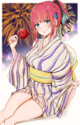 Rule 34 | 1girl, absurdres, bare legs, blue eyes, blunt bangs, blurry, blurry background, blush, border, breasts, butterfly hair ornament, candy apple, collarbone, eating, fading border, festival, fireworks, food, go-toubun no hanayome, hair between eyes, hair ornament, hair ribbon, hand fan, hand up, highres, holding, holding food, japanese clothes, kimono, looking at viewer, medium breasts, nakano nino, open mouth, outside border, paper fan, ponytail, red hair, ribbon, short hair, short ponytail, sidelocks, sitting, sleeves past wrists, solo, striped clothes, striped kimono, uchiwa, uiri-na, yukata