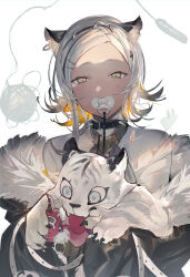 Rule 34 | 1girl, absurdres, animal, animal ears, black jacket, cat teaser, chew toy, collar, colored inner hair, dark-skinned female, dark skin, fur-trimmed jacket, fur trim, grey neckerchief, hair ornament, highres, holding, holding animal, jacket, leash, long sleeves, looking at viewer, mayutsuba mono, multicolored hair, neckerchief, official art, original, pacifier, shirt, short hair, solo, spiked collar, spikes, tiger, tiger cub, tiger ears, upper body, white shirt, yarn, yarn ball, yellow eyes