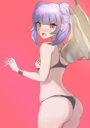 Rule 34 | 1girl, :o, angry, ass, back, bikini, black bikini, blunt bangs, blush, breasts, covering privates, covering breasts, dragon girl, dragon wings, eyebrows, fang, female focus, fire emblem, fire emblem: the sacred stones, from behind, highres, looking at viewer, looking back, myrrh (fire emblem), nintendo, open mouth, pink background, purple hair, red eyes, short twintails, simple background, skin fang, slit pupils, small breasts, solo, standing, swimsuit, twintails, v-shaped eyebrows, wings, wristband