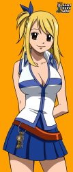 Rule 34 | 1girl, absurdres, arms behind back, bare shoulders, belt, black eyes, blonde hair, blue skirt, breasts, cleavage, earrings, fairy tail, highres, jewelry, key, keyring, large breasts, legs, looking at viewer, lucy heartfilia, no bra, orange background, shirt, short hair, side ponytail, simple background, skirt, sleeveless, smile, solo, standing, white shirt