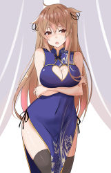 Rule 34 | 1girl, absurdres, alternate costume, arm under breasts, black panties, black thighhighs, blue dress, blush, breasts, brown eyes, china dress, chinese clothes, cleavage, cleavage cutout, clothing cutout, covered navel, dress, hair flaps, hair ribbon, heart, heart-shaped pupils, heart cutout, highres, kantai collection, large breasts, light brown hair, long hair, murasame (kancolle), murasame kai ni (kancolle), open mouth, panties, ribbon, saku (kudrove), side-tie panties, simple background, sleeveless, sleeveless dress, solo, symbol-shaped pupils, thighhighs, two side up, underwear