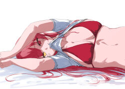 Rule 34 | 1girl, absurdres, arms up, bikini, breasts, commentary, hair spread out, heterochromia, highres, hololive, houshou marine, large breasts, light blush, looking at viewer, lying, on side, red bikini, red eyes, red hair, shirt, simple background, sketch, solo, sugoi yowai, swimsuit, symbol-only commentary, unfinished, virtual youtuber, white background, white shirt, yellow eyes